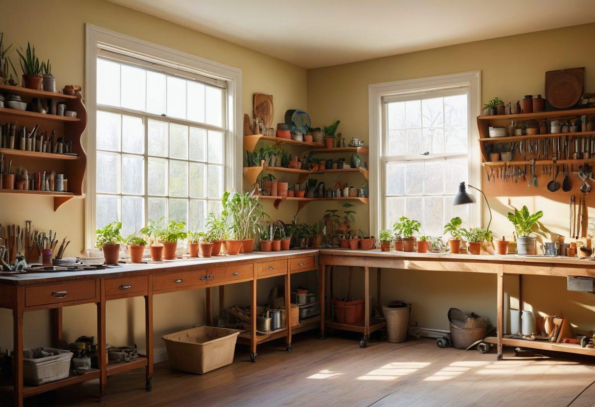 A bright and inviting workshop scene filled with an array of high-quality tools and hardware neatly organized on the walls. A half-renovated room showcases a stylish before-and-after comparison with fresh paint and new fixtures. Sunlight streams in through a large window, casting a warm glow on the workbench where an enthusiastic DIYer is actively working on a project. Lively plants and design sketches add a touch of creativity to the space. super-realistic. vibrant colors. natural lighting.
