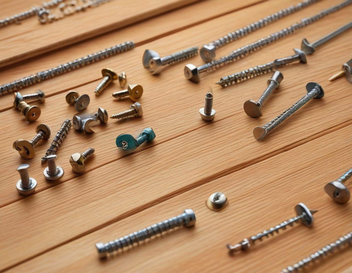 An intricate array of various fasteners such as screws, nails, and bolts displayed against a textured wooden background, with glowing lines connecting them to symbolize strong connections. Include visual representations of a structure being built with these fasteners integrated into the design, highlighting their significance. Focus on details and craftsmanship. super-realistic. vibrant colors. white background.